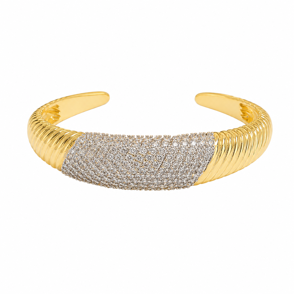 Luxe Ribbed Cuff Bracelet – 18K Gold-Plated with Pave Stones ✨