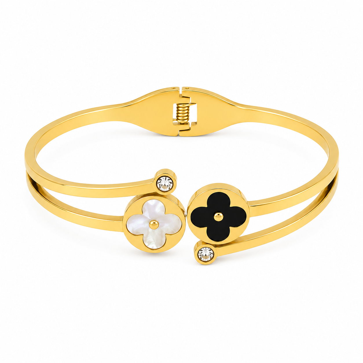 Gold Floral Duo Bangle – Black & White Enamel Flower Bracelet