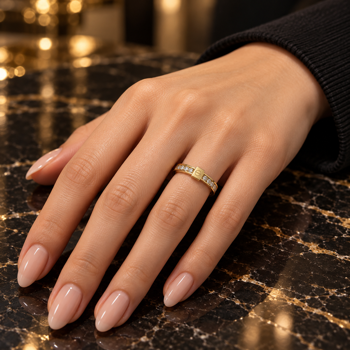 S.steel Gold-Tone Square Stone Band Ring