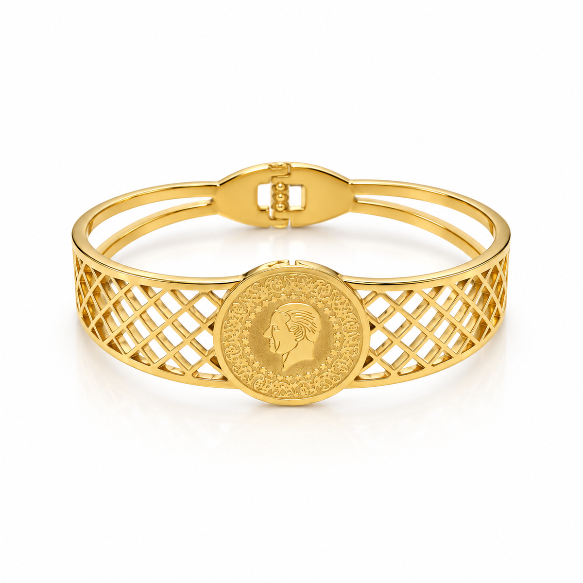 Golden Coin Medallion Bangle – Vintage Lattice Design Bracelet