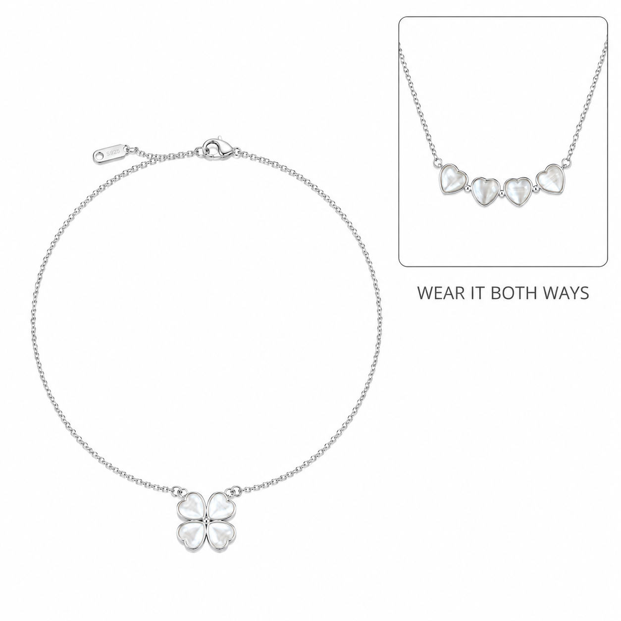 Silver Clover Heart Necklace – Enamel Finish(2 in 1)