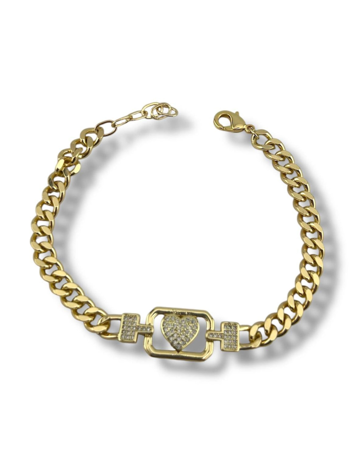 Golden Love Heart Bracelet – Sparkling Charm on Cuban Chain