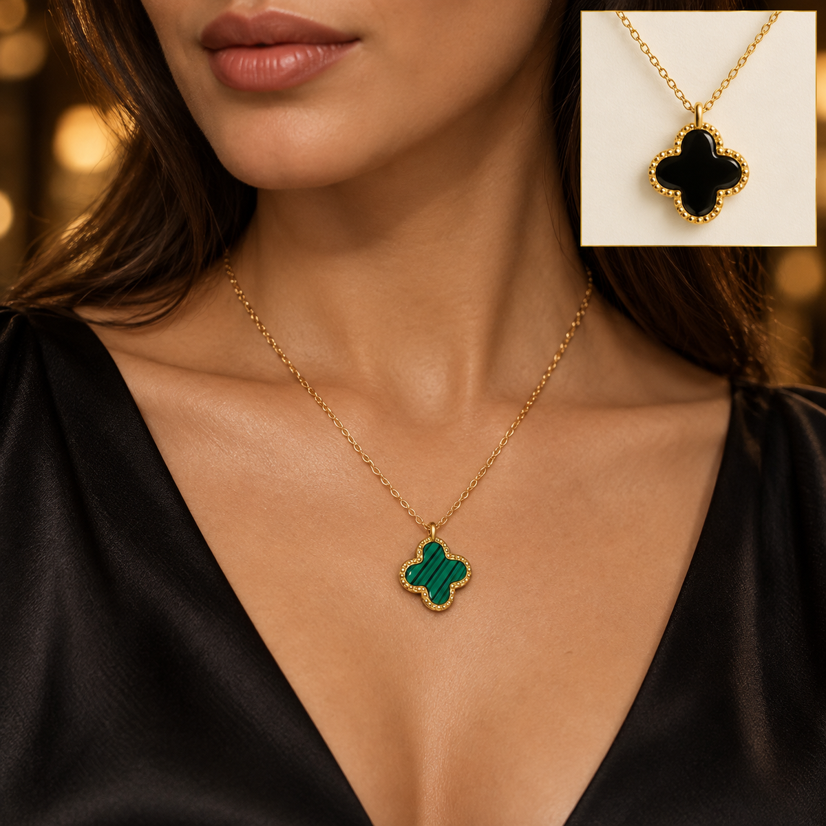 S.steel Reversible Green & Black Clover Necklace(2 faces)