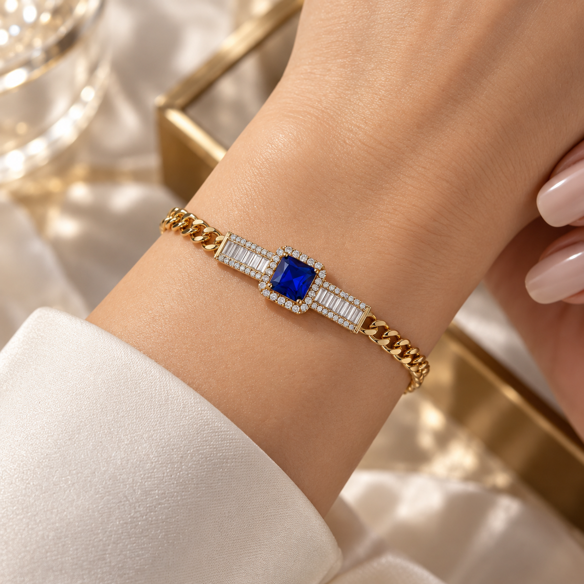 Royal Blue Gem Chain Bracelet – Gold & Silver ✨