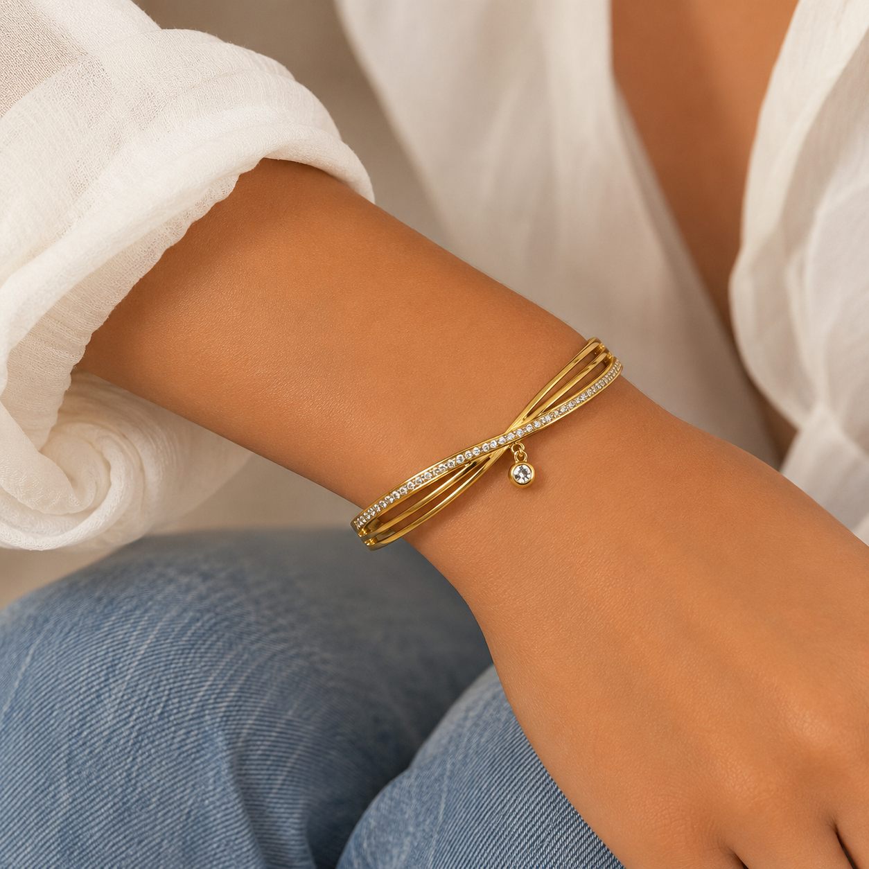 Twist Elegance Bangle with Crystal Charm – Gold & Silver