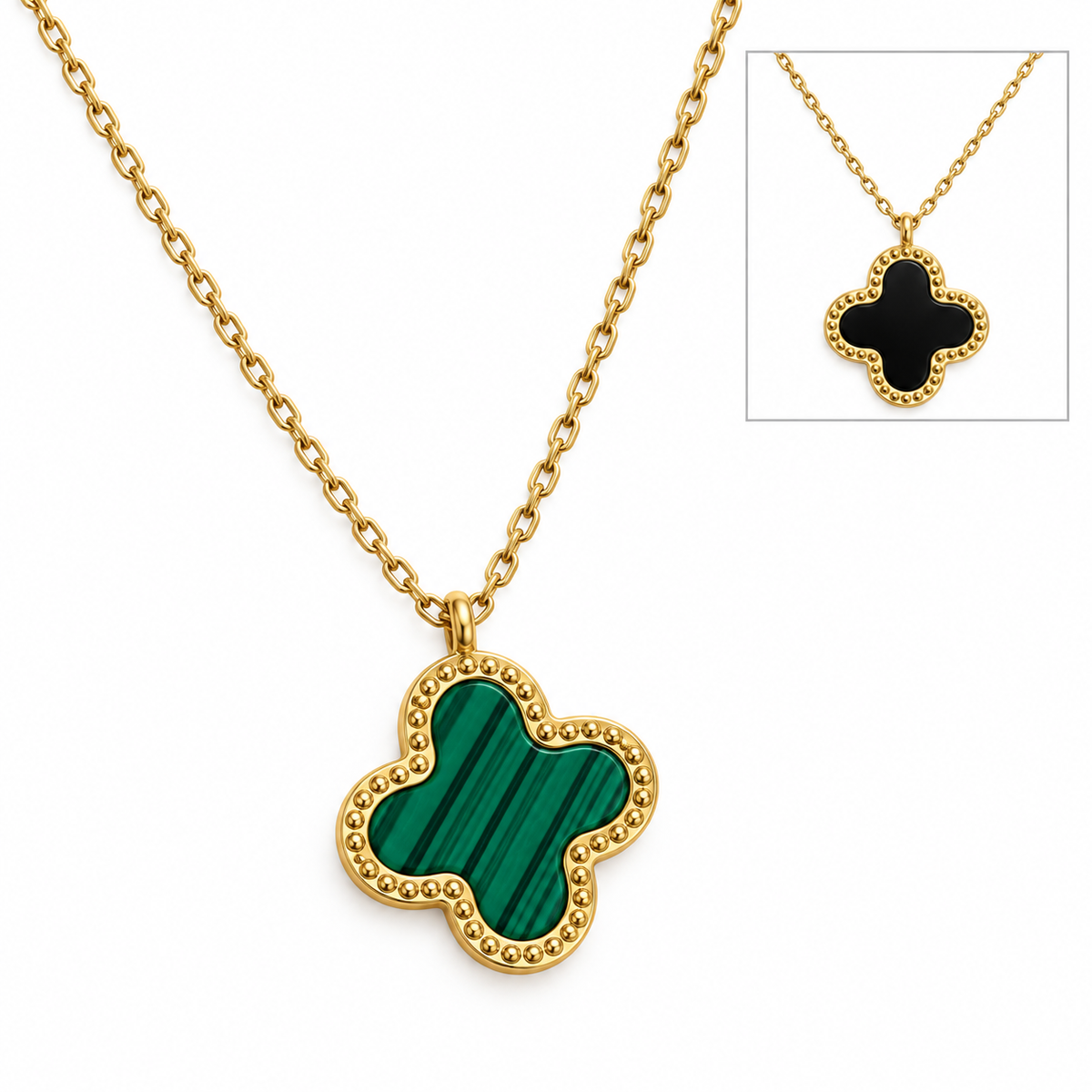 S.steel Reversible Green & Black Clover Necklace(2 faces)