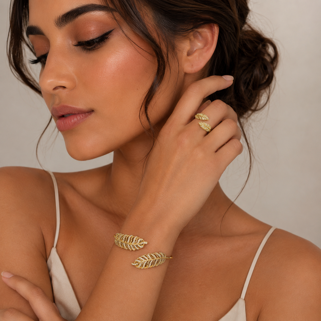 Crystal Leaf Bangle & Ring Set