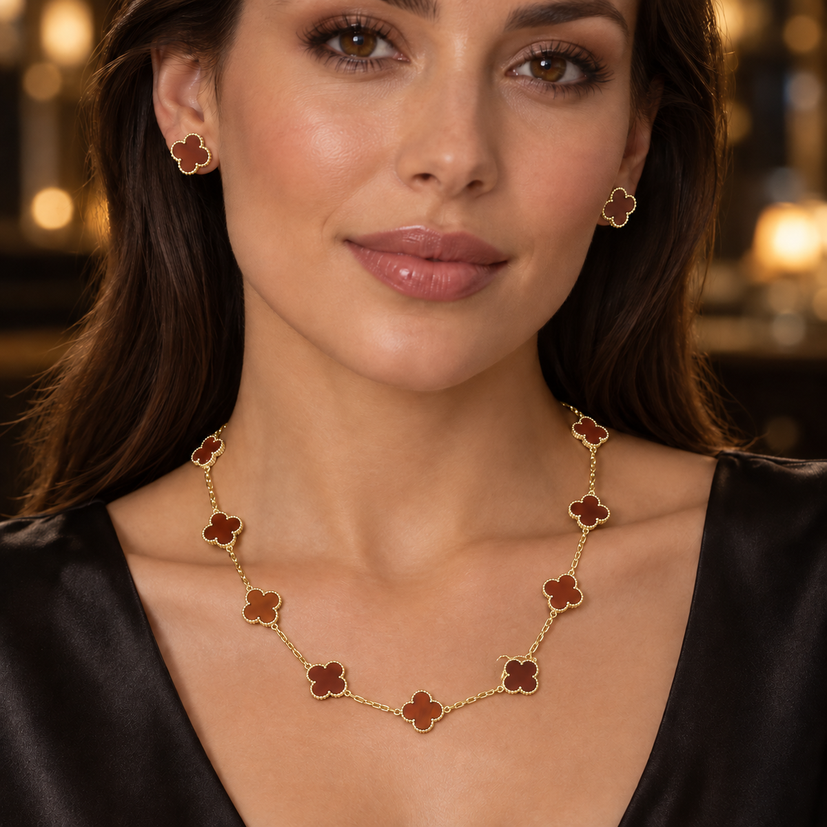 Vip Clover set Charm (Necklace & Earrings) – Gold & Silver Elegance(45cm)
