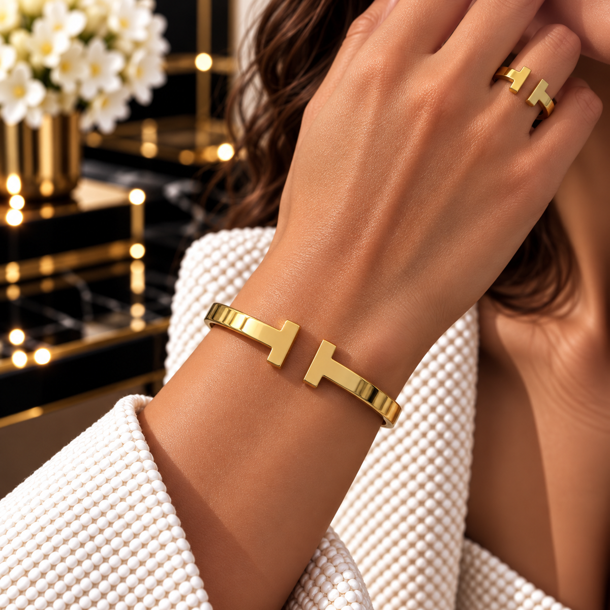 Thick Tiffan-y bangle & Ring Link Set