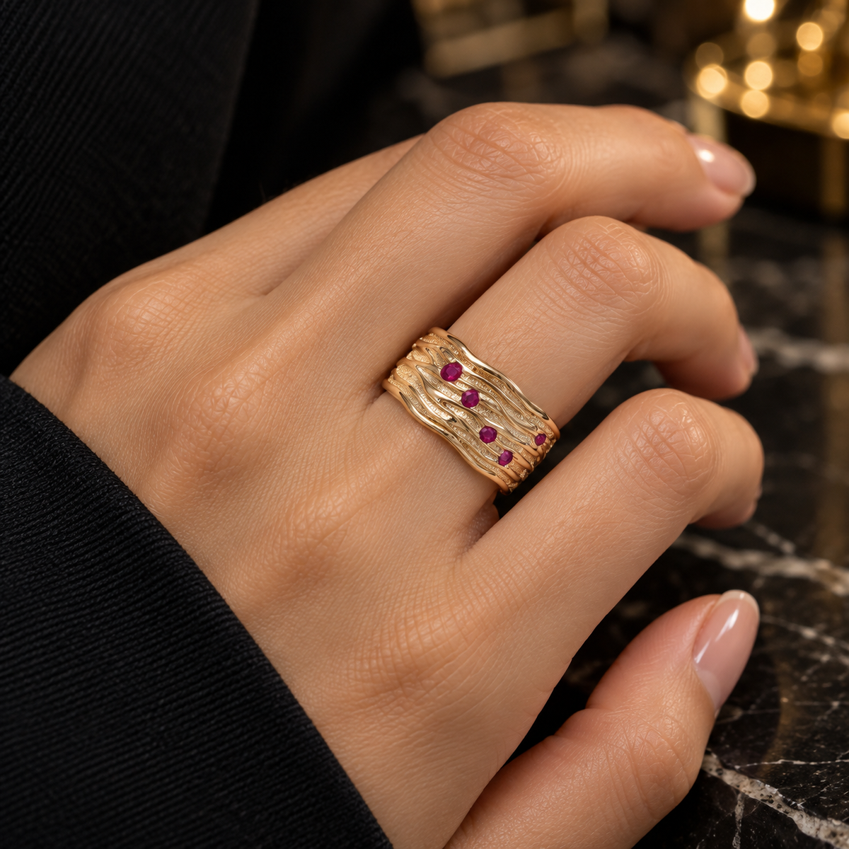 Crimson Wave Ring – Gold & Ruby