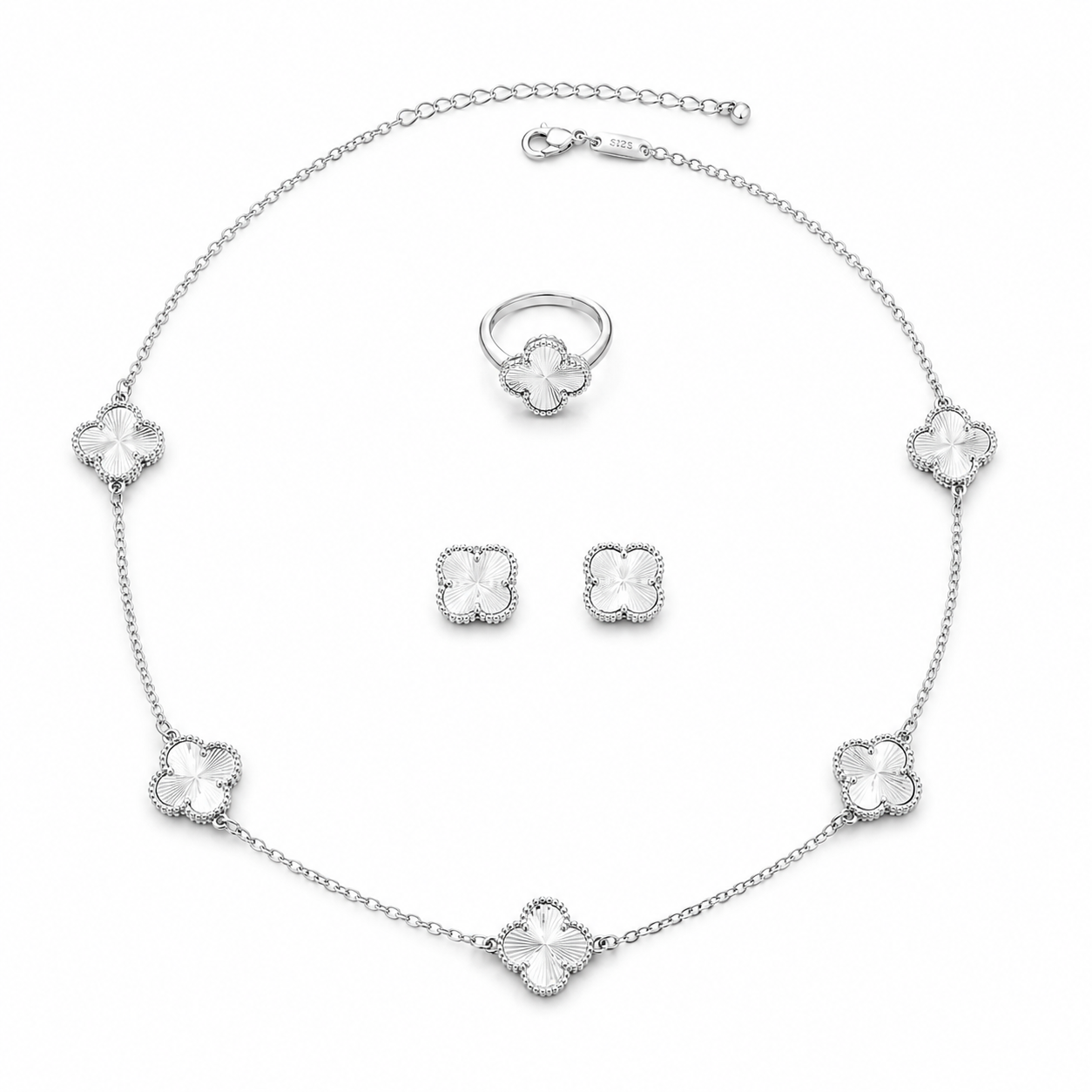 Silver Vancleef Clover Jewelry Set