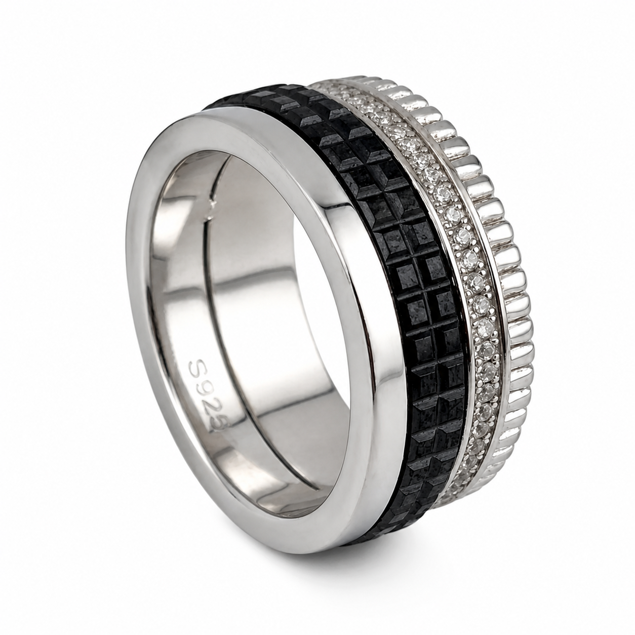 Silver 925 Bocherone Ring – Silver & Black Luxe Band
