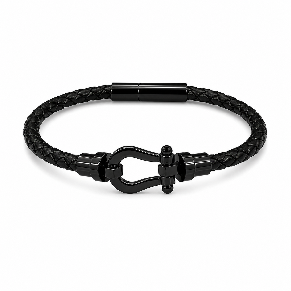 Black Clasp Braided Leather Bracelet – Matte Steel Edition