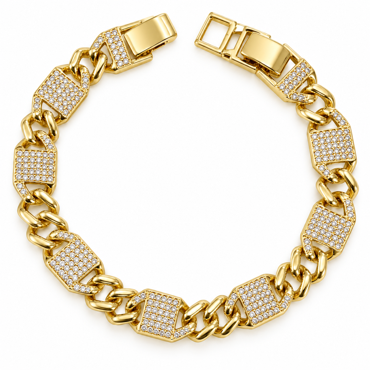 Gold-Plated Cuban Link Bracelet with Pave Plates – Bold & Luxe