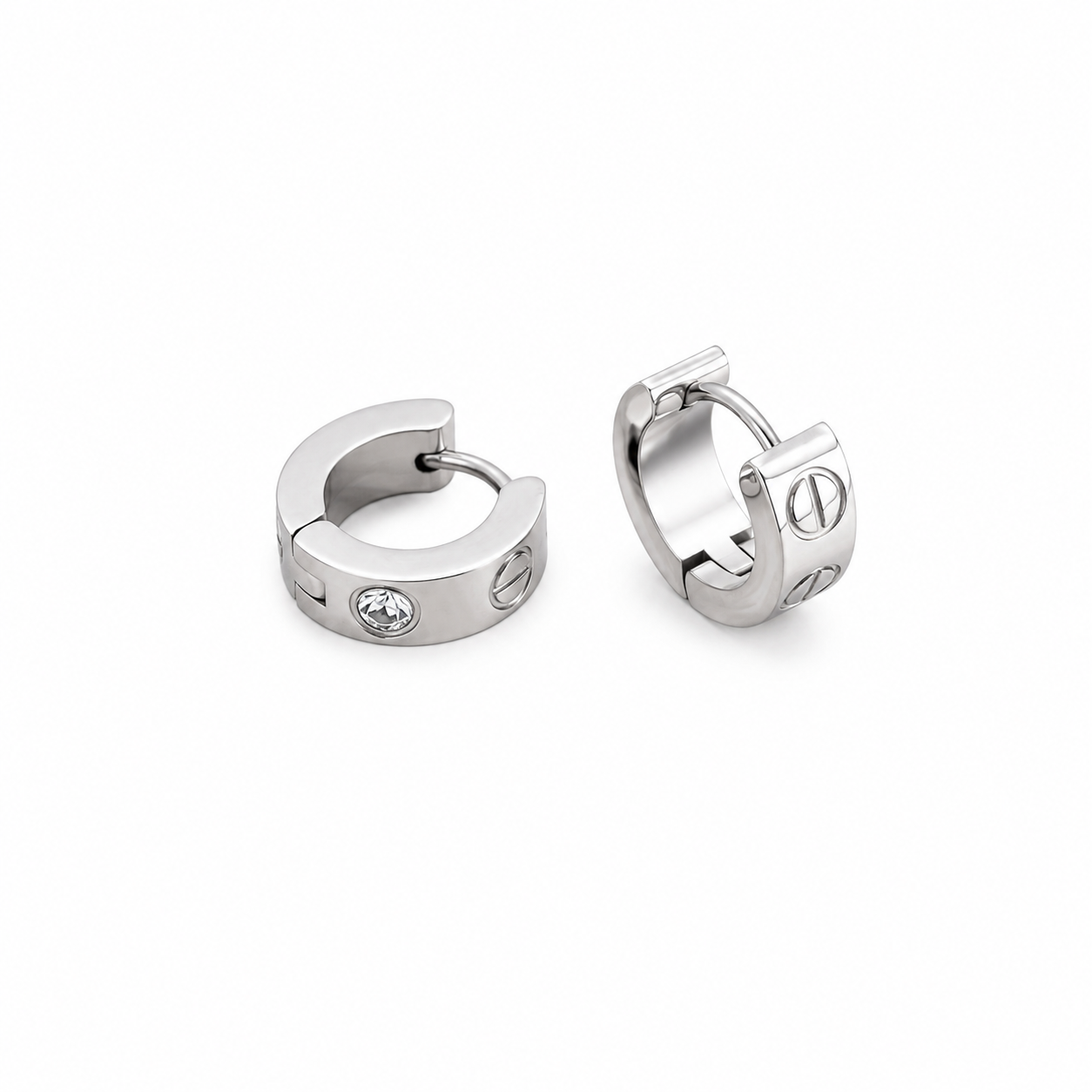 Stainless Steel cartier Silver Screw & Crystal Huggie Earrings – Modern Edge ✨