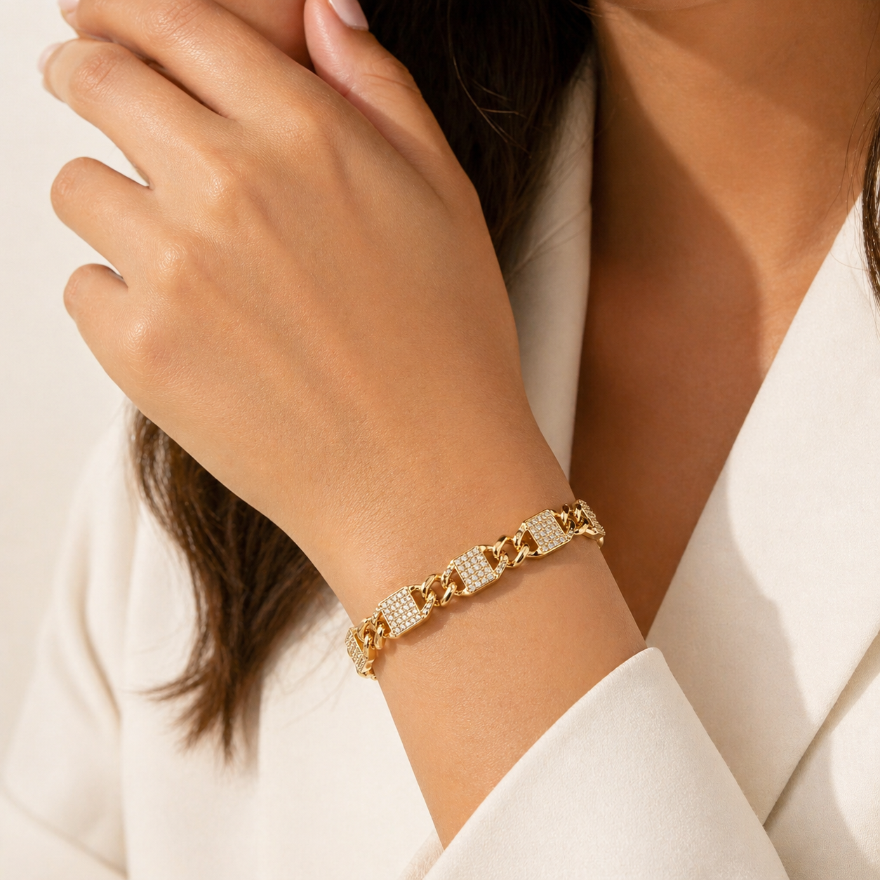 Gold-Plated Cuban Link Bracelet with Pave Plates – Bold & Luxe