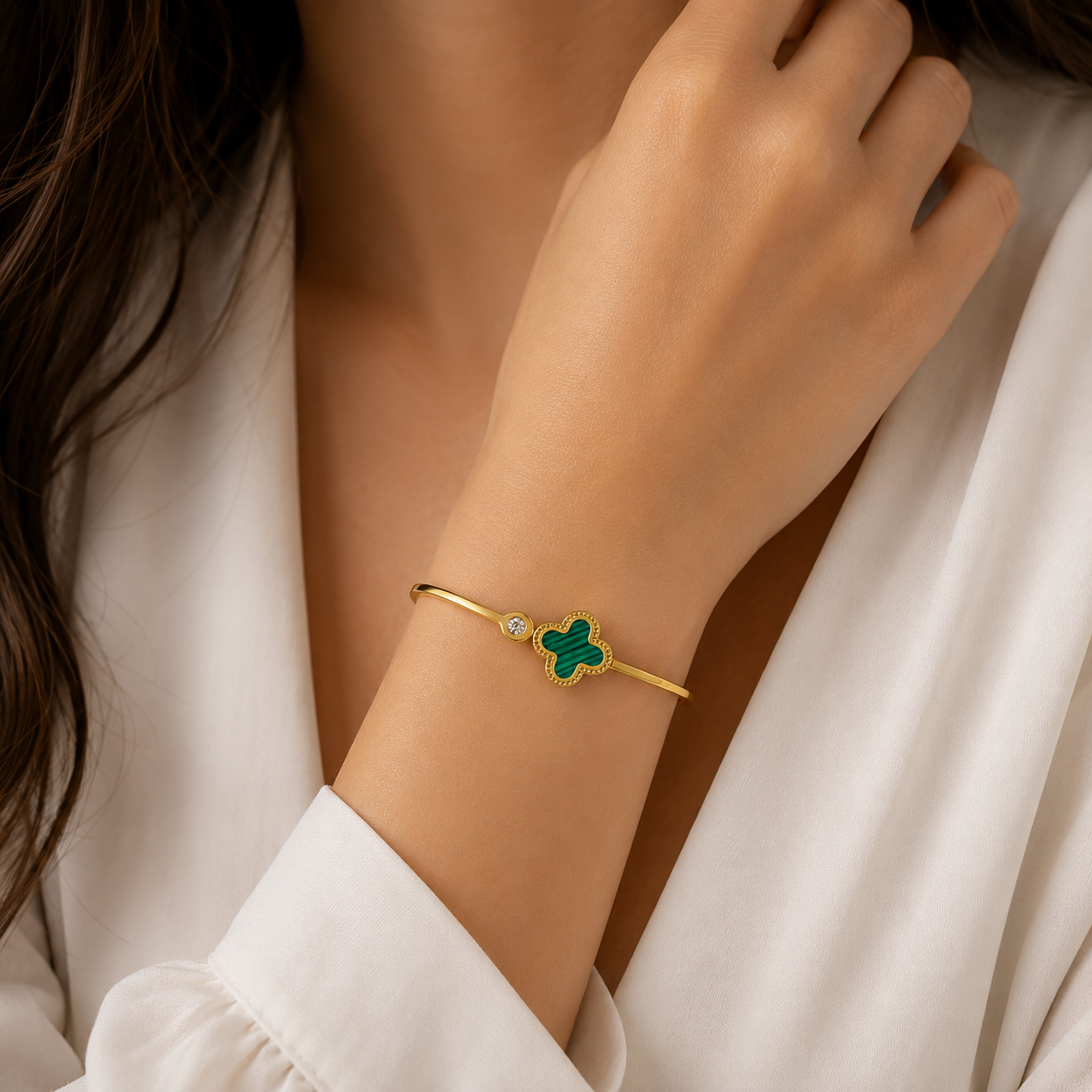 Gold Clover & Crystal Bangle – Elegant  Enamel Bracelet