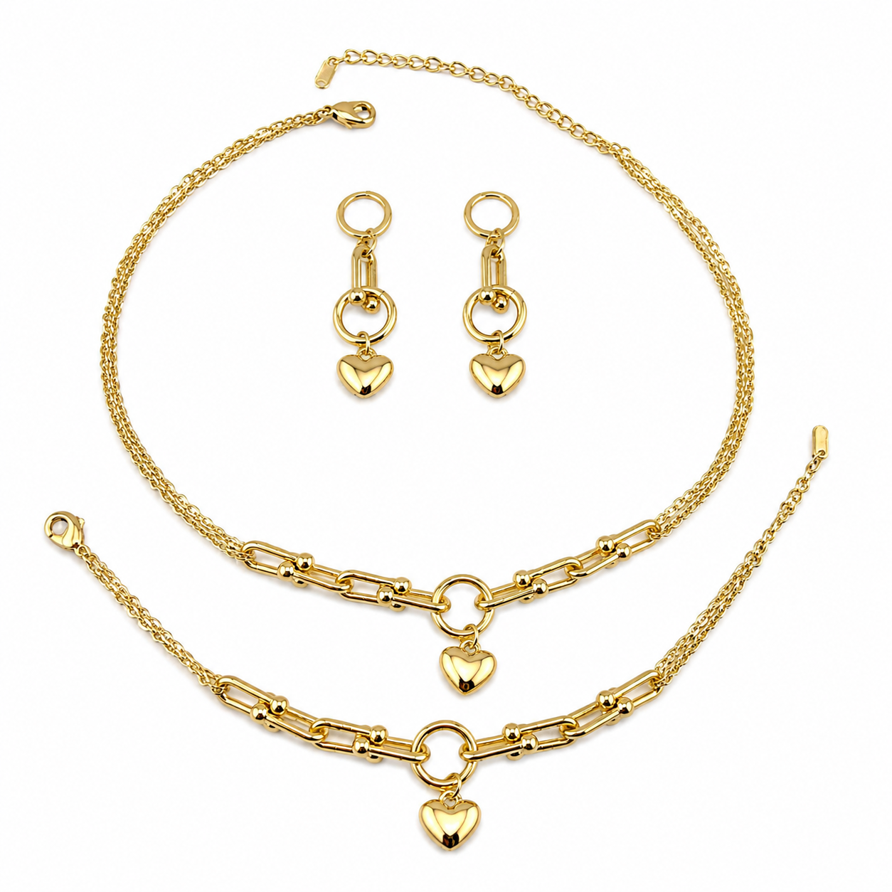 Tiffany Golden Heart Charm Jewelry Set – Necklace, Bracelet & Earrings