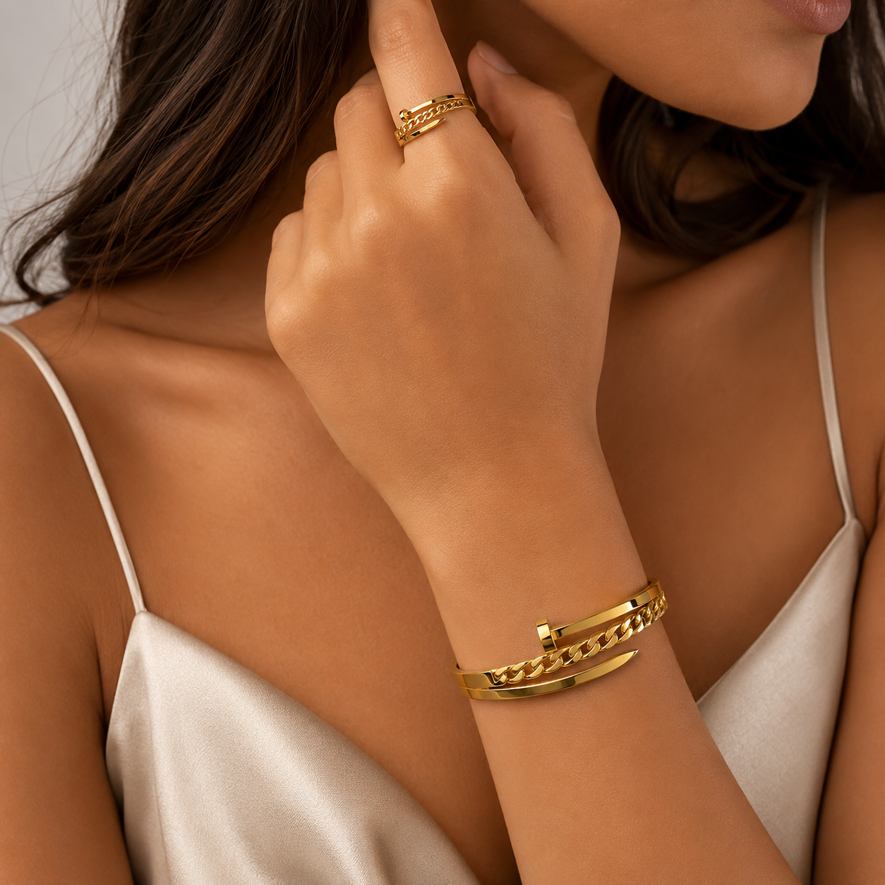 Golden Link Chain Set (Bracelet & Ring)