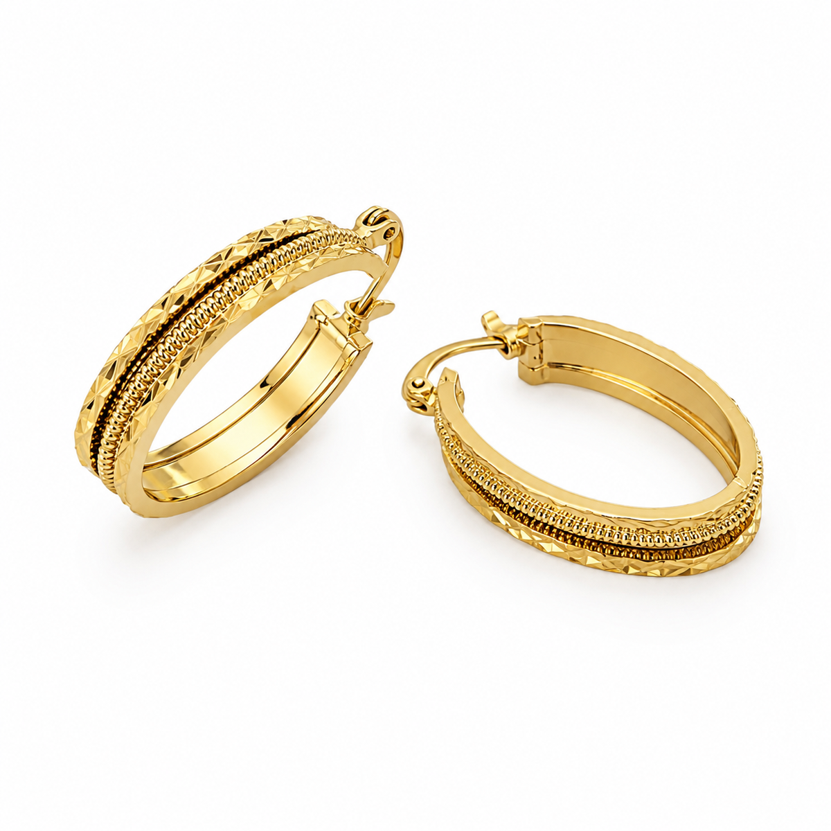 21K Gold Color Textured Hoop Earrings