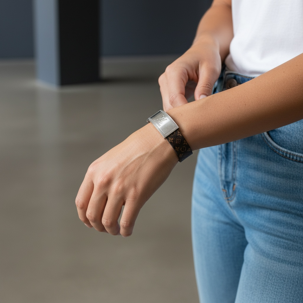 🖤 LV Monogram Leather Bracelet with Silver Plate | Unisex Fashion Accessory