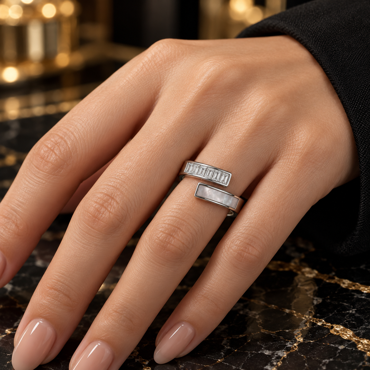 S.steel Modern Twist Baguette Ring – Gold & Silver