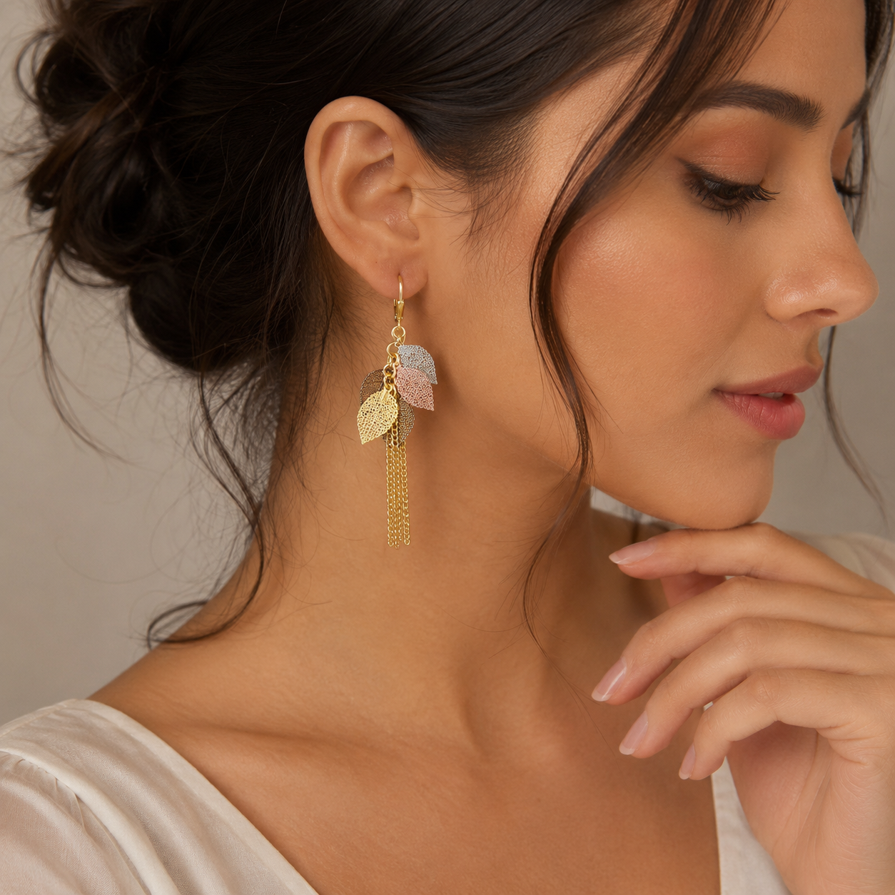 Multi-Tone Leaf Drop Earrings – Gold, Silver & Rose Gold Plated