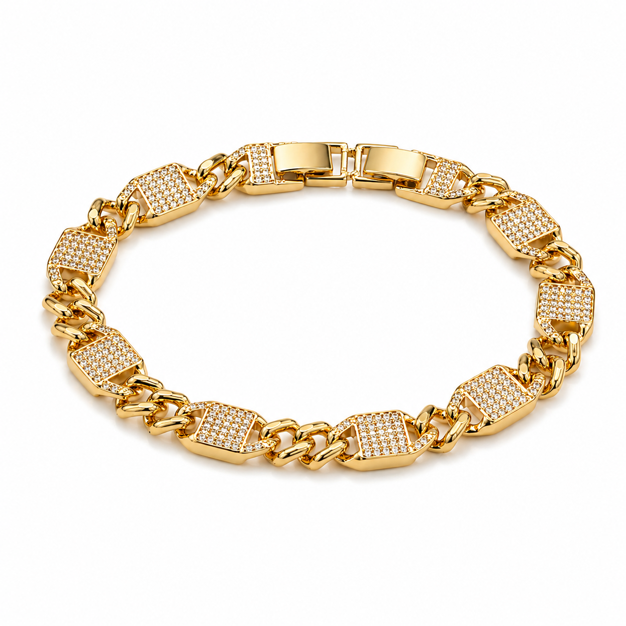 Gold-Plated Cuban Link Bracelet with Pave Plates – Bold & Luxe