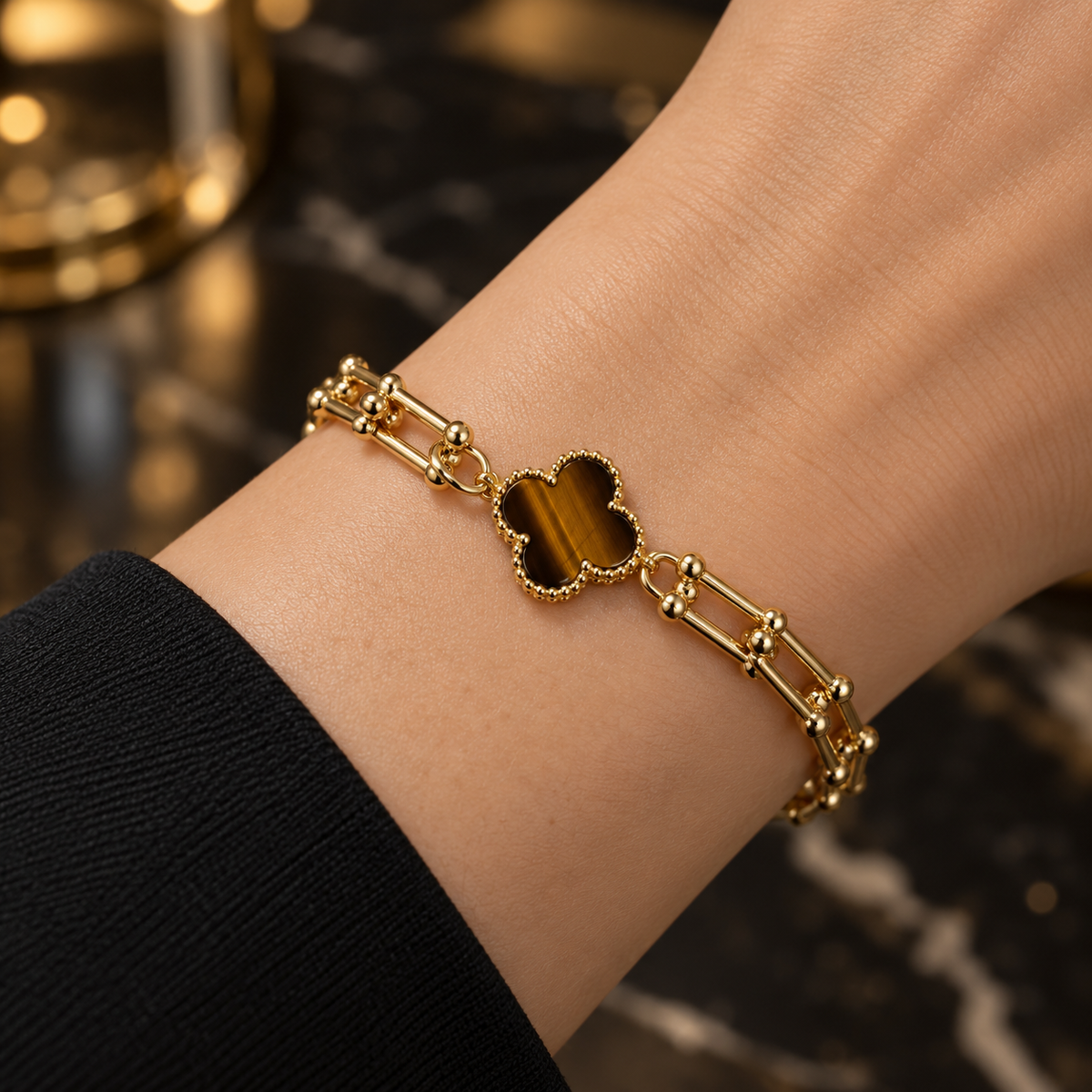 Tiffan-y Tiger Eye Clover Link Bracelet