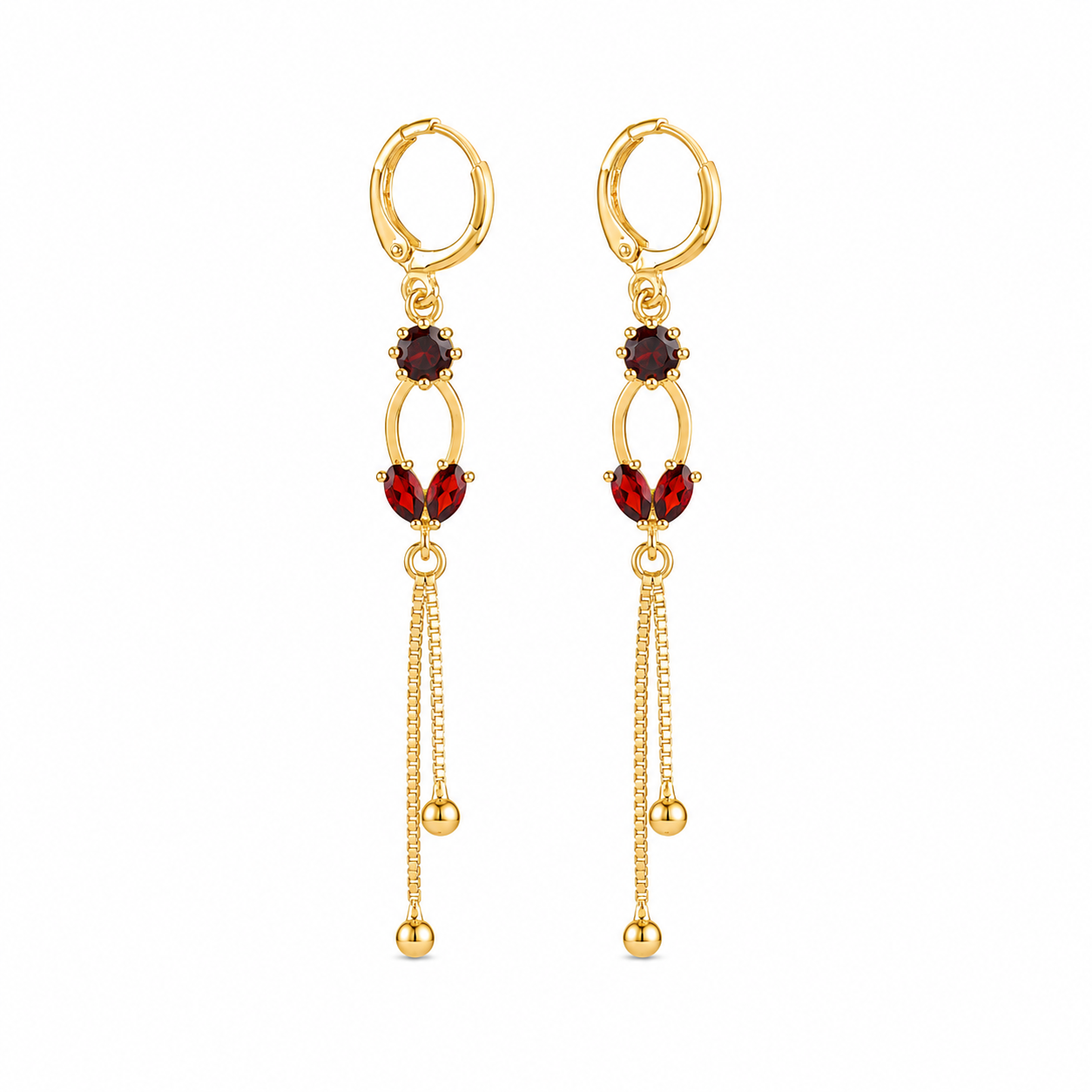 Gold-Plated Drop Earrings with Red Crystal Details
