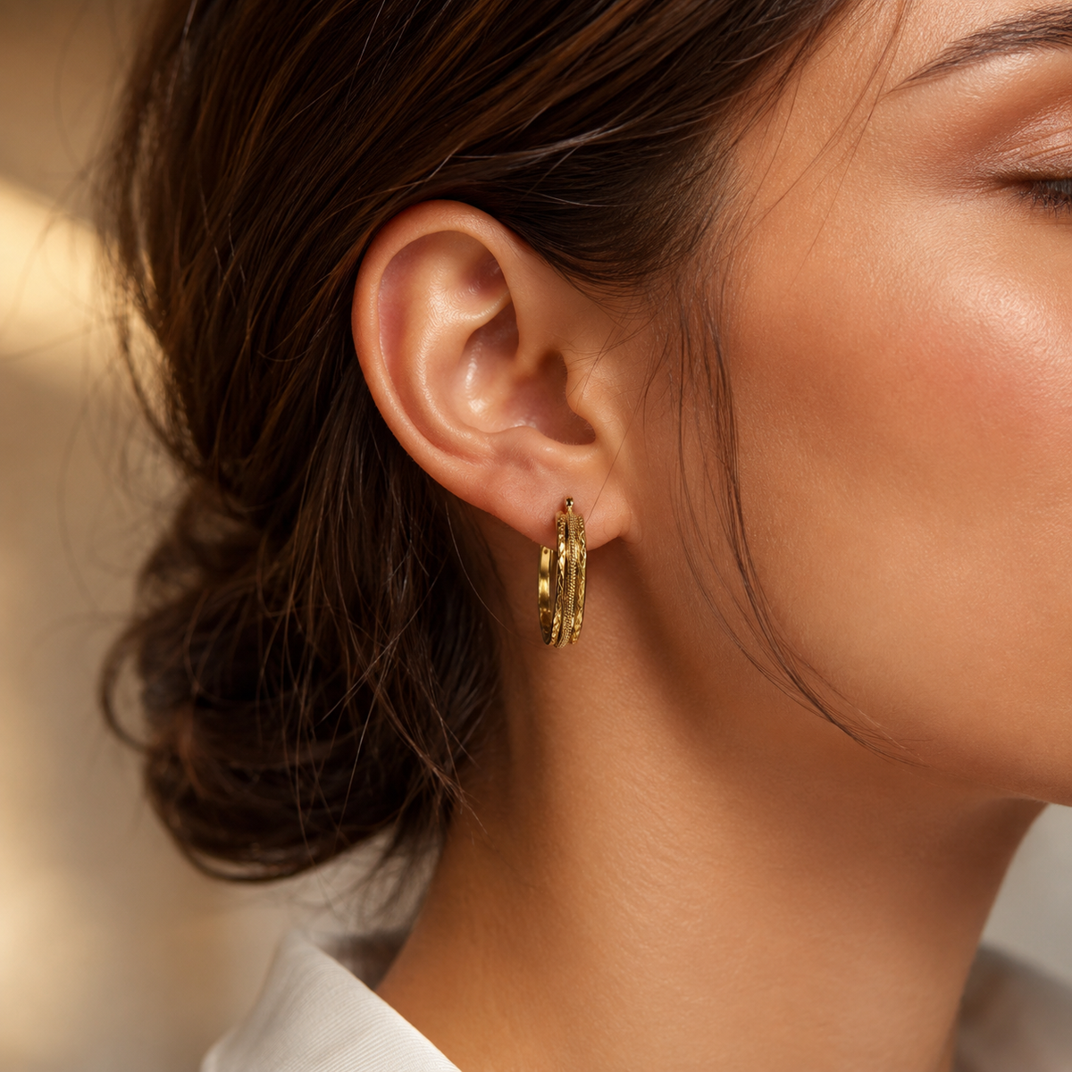 21K Gold Color Textured Hoop Earrings