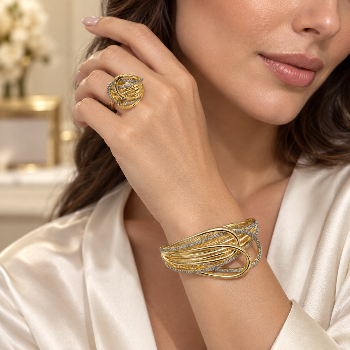Infinity Knot Bracelet & Ring Set – 18K Gold-Plated with Sparkling Accents