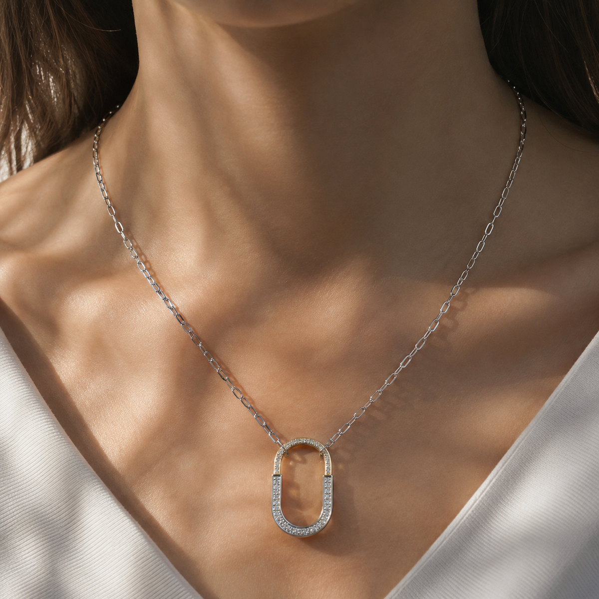 Duo Link pave Oval Pendant Necklace – Silver & Gold Editions" | Poshewix – view 2