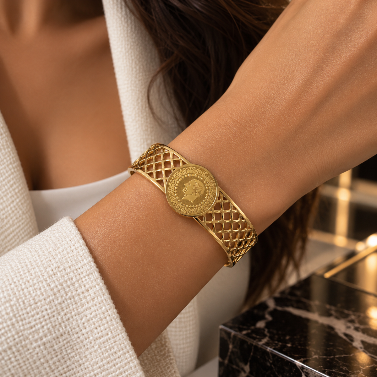 Golden Coin Medallion Bangle – Vintage Lattice Design Bracelet