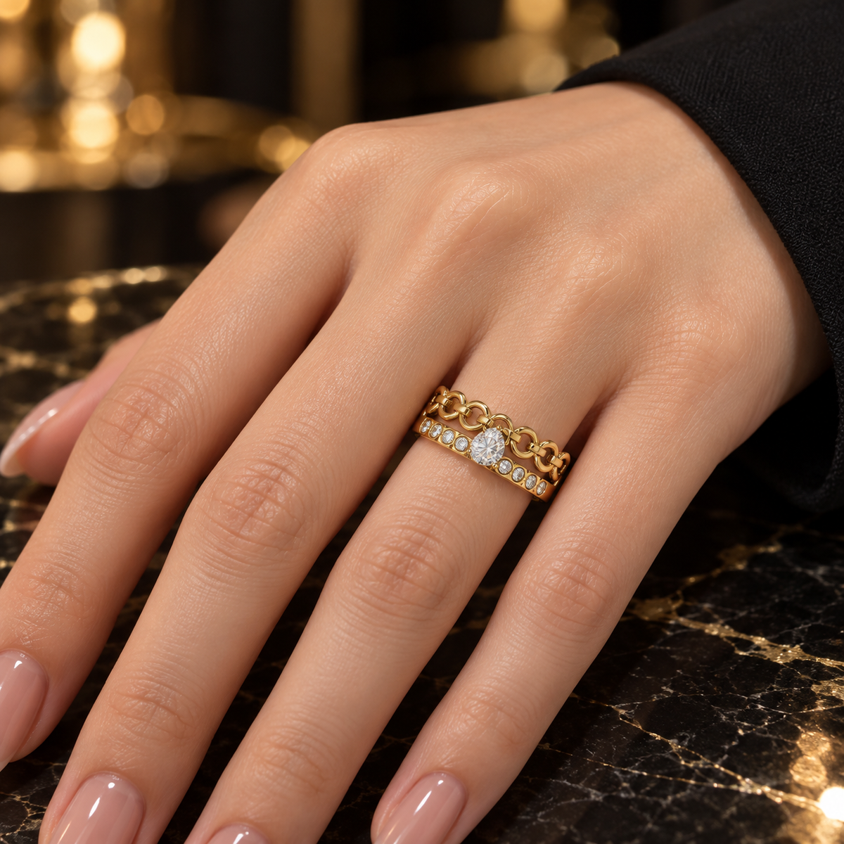 S.steel Golden Chain Sparkle Ring – Bold Meets Glam