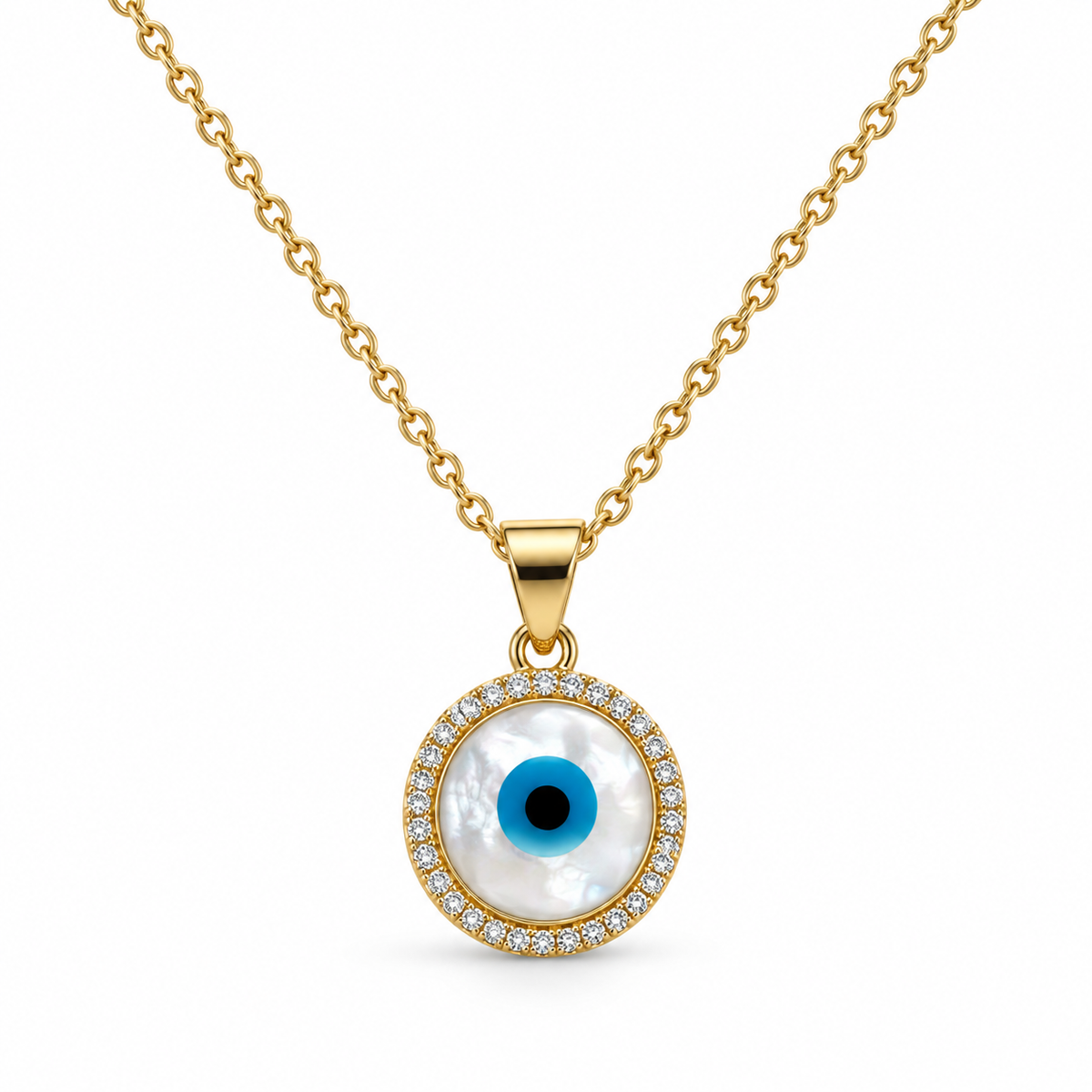 Round Evil Eye Pendant Necklace – Gold Plated Protection Charm