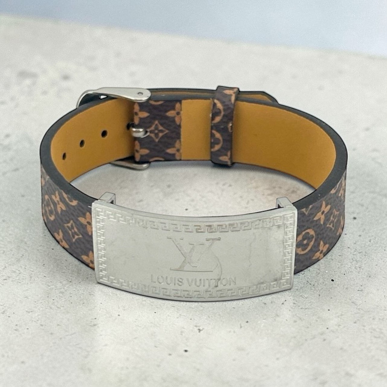 🖤 LV Monogram Leather Bracelet with Silver Plate | Unisex Fashion Accessory