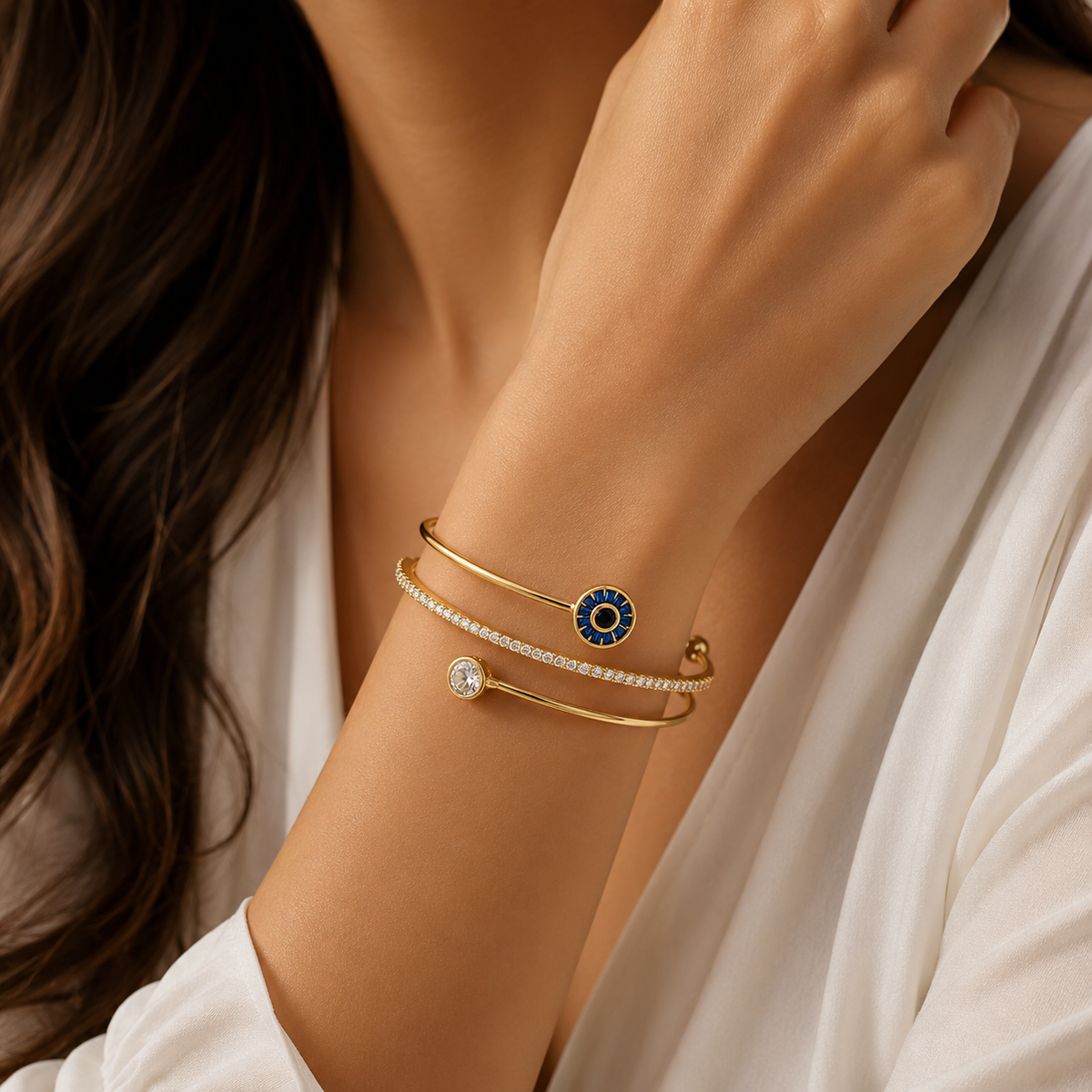 Gold Evil Eye Double Band Cuff – Crystal Protection Bracelet