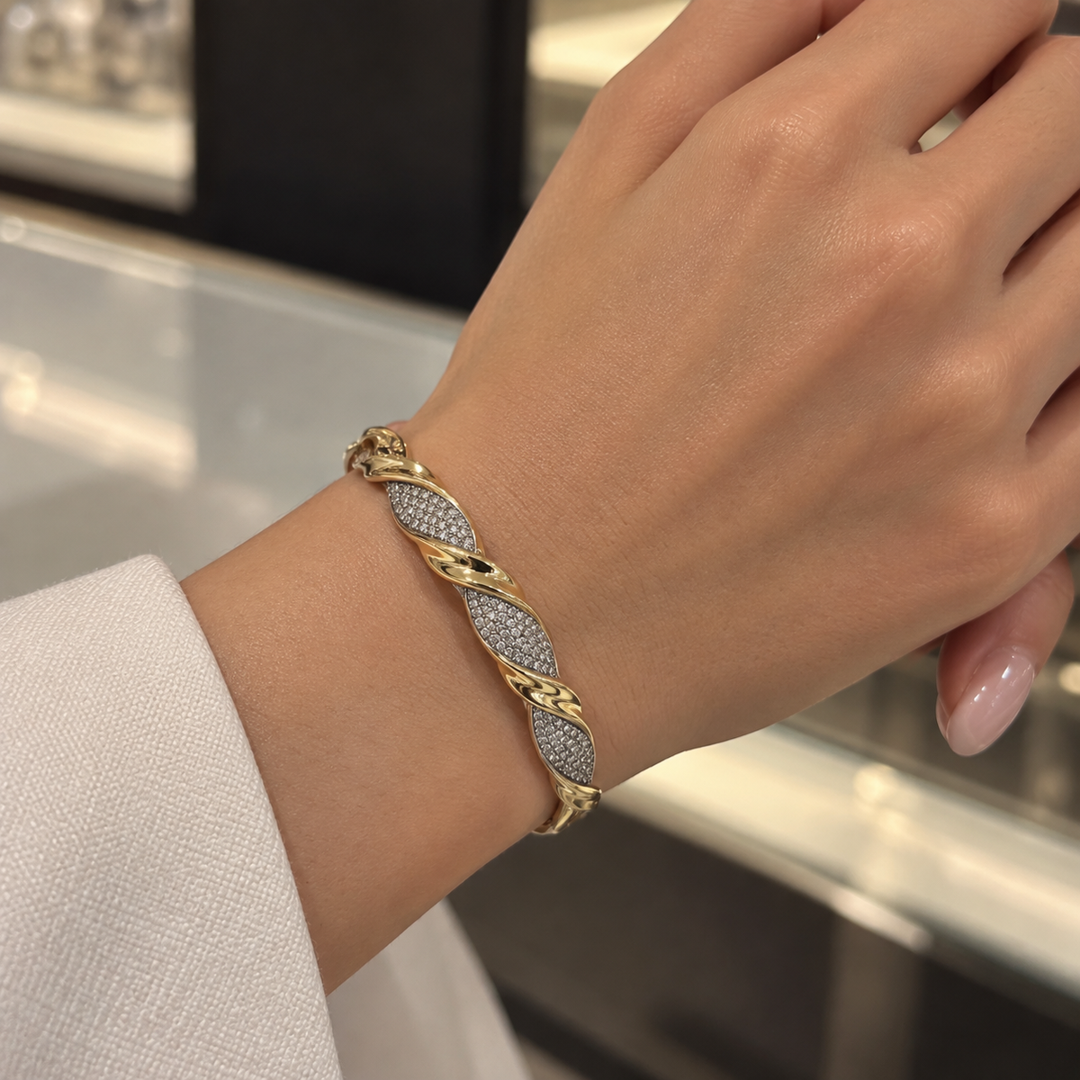 Twisted Pavé Gold Bangle – Soft Sparkle