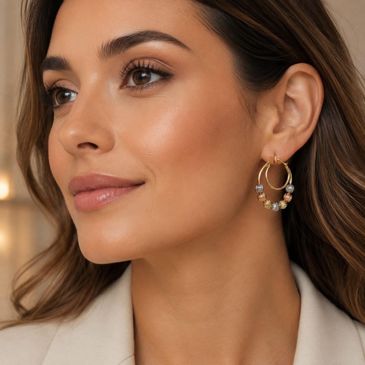 ✨ Multi-Tone Beaded Hoop Earrings – Gold, Silver & Rose Gold Plated