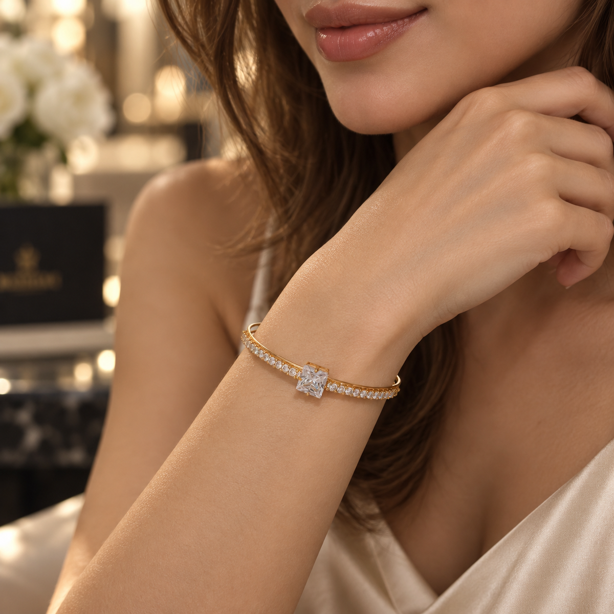 Princess-Cut Crystal Open Bangle