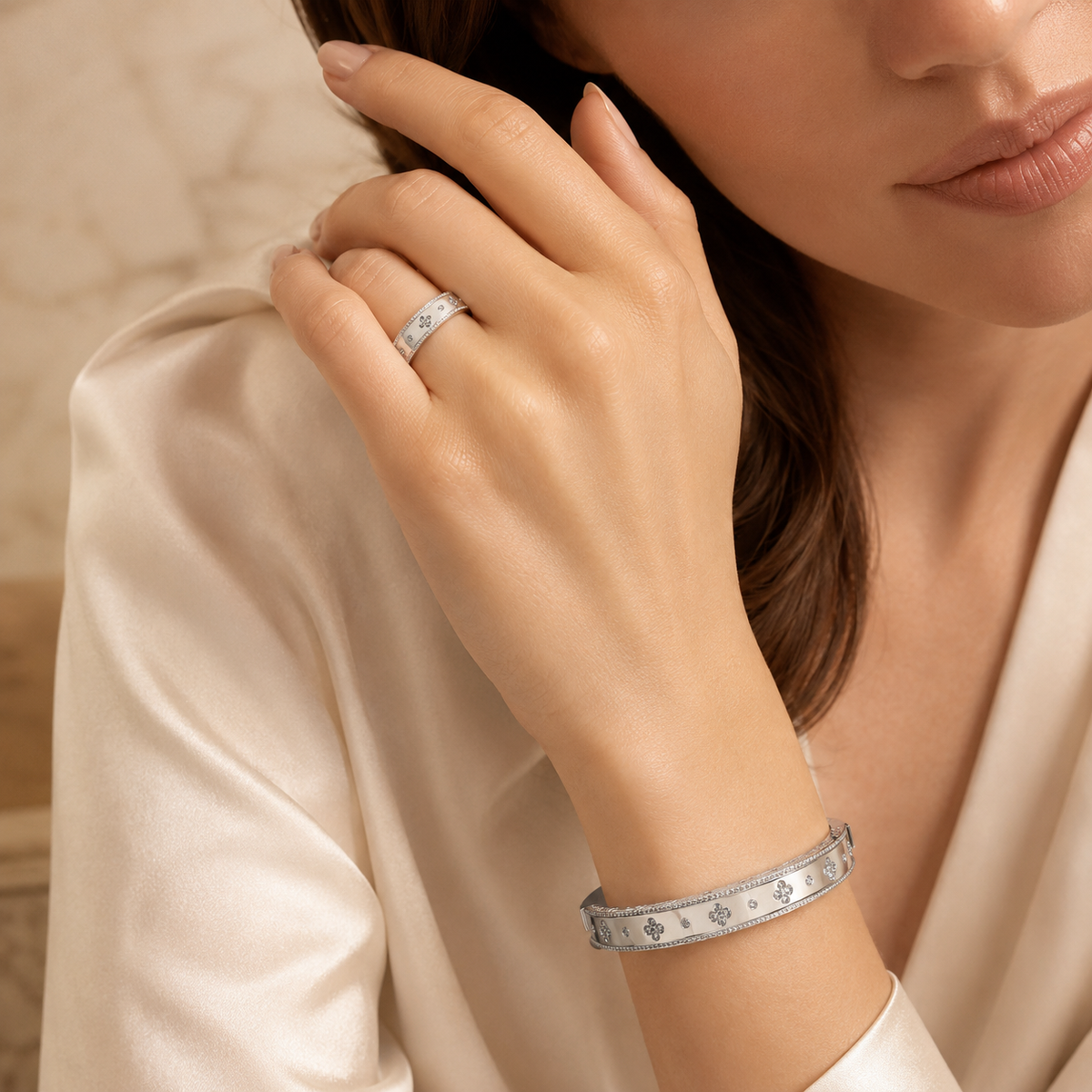 Floral Shine Silver Bracelet & Ring Set