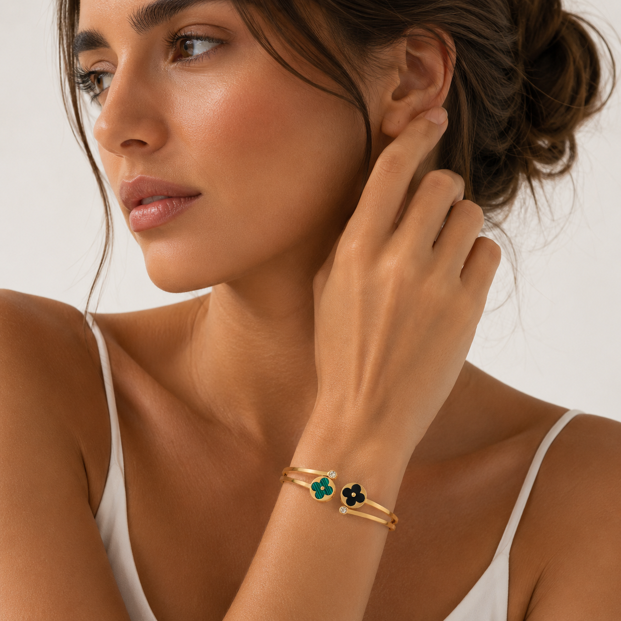 Gold Floral Duo Bangle – Black & White Enamel Flower Bracelet
