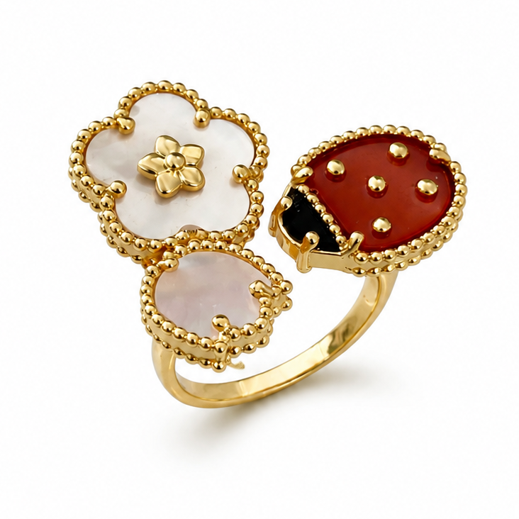Lucky Bloom Ring – Enamel Ladybug & Mother of Pearl