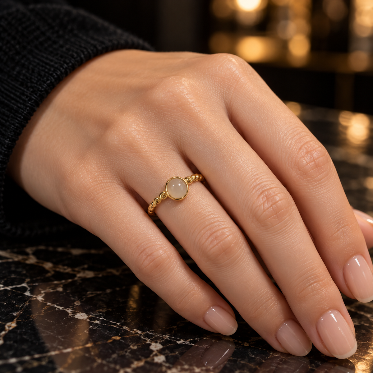 S.steel Beige Stone Twisted Band Ring