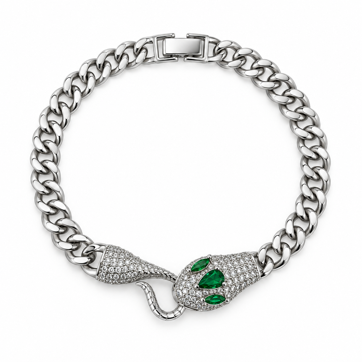Silver Snake Head Bracelet with Emerald Accents