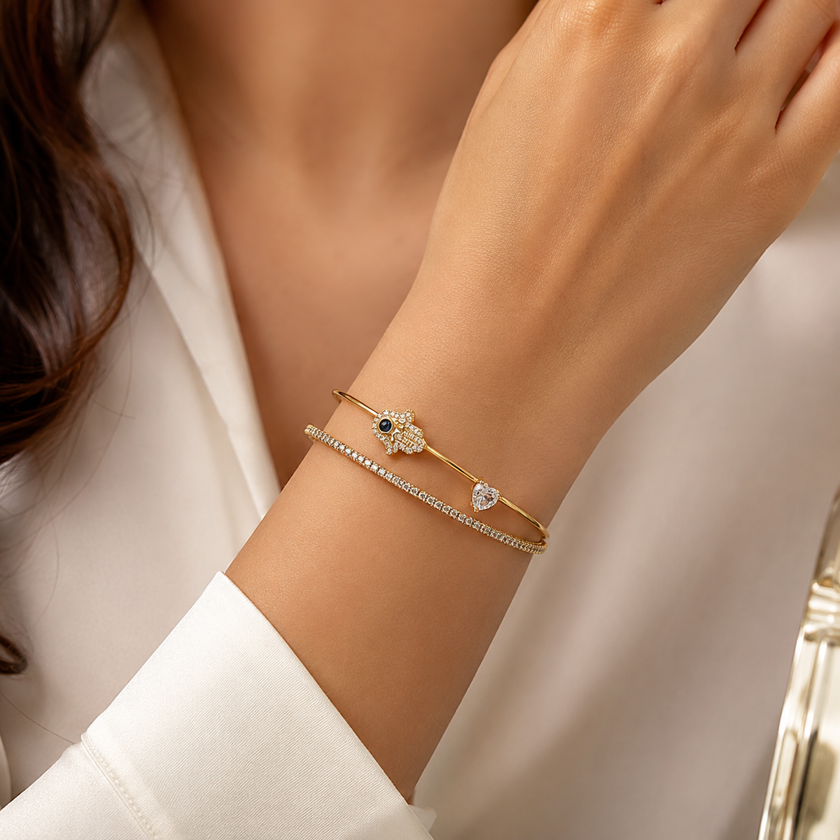 Hamsa & Heart Layered Bangle