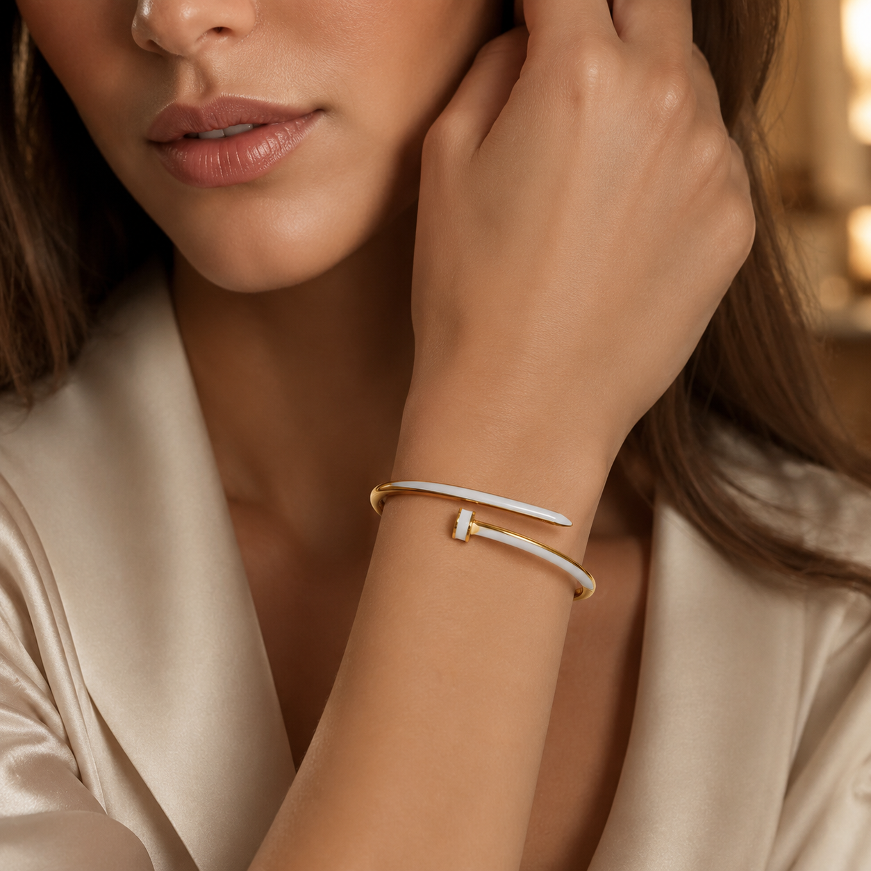 Nail-Inspired White & Gold Bracelet with Crystal Accent