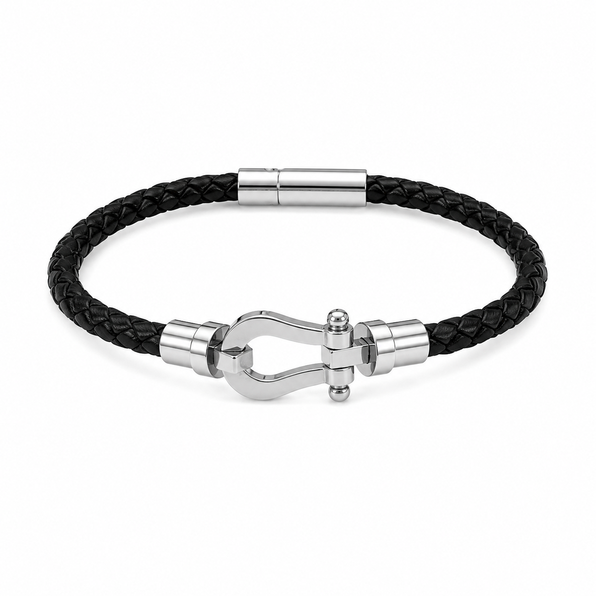 Black Clasp Braided Leather Bracelet – Matte Steel Edition