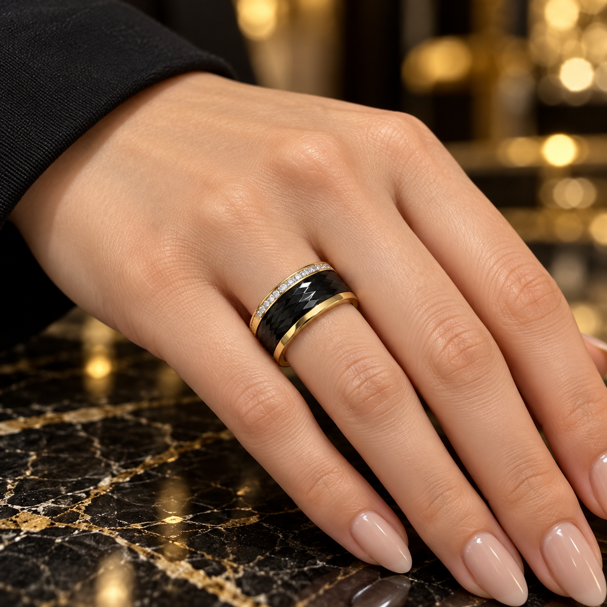 Black Textured Luxe Band Ring (Gold Finish)